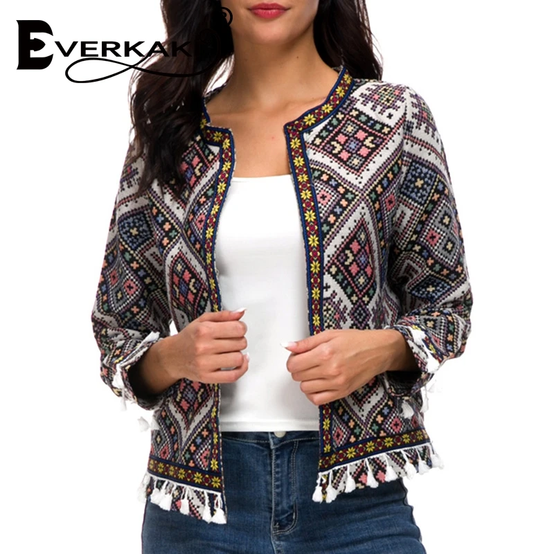 Everkaki Boho Женская куртка с принтом пальто кисточками клетчатая модная