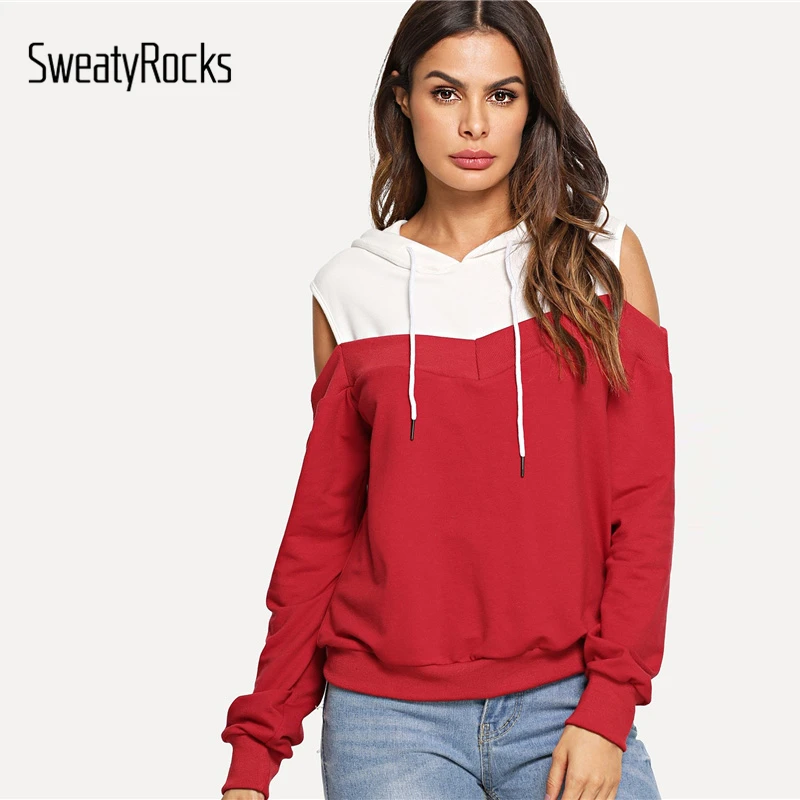 SweatyRocks Athleisure толстовка с капюшоном и завязками на плечах, пуловер с длинным рукавом, толстовки, Модные осенние женские повседневные толстовки