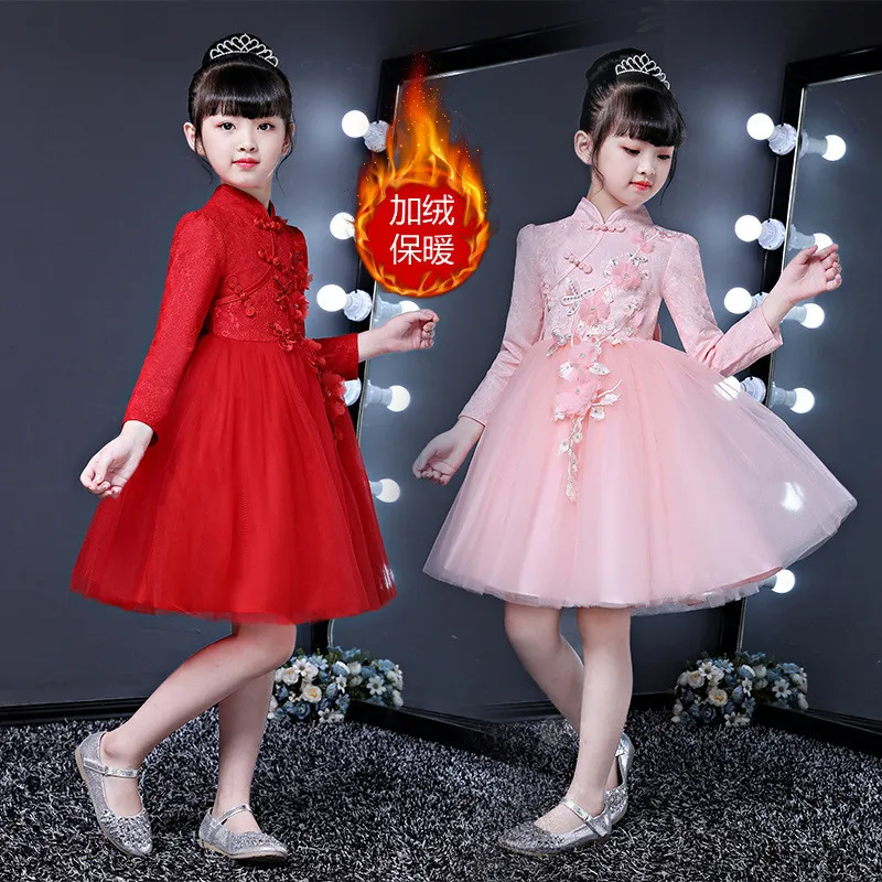 С цветочным рисунком для маленьких девочек Cheongsam Qipao платье для детей с новогодней елкой, бумажный новогодние костюмы Ткань Детские платья Свадебный костюм, одежда