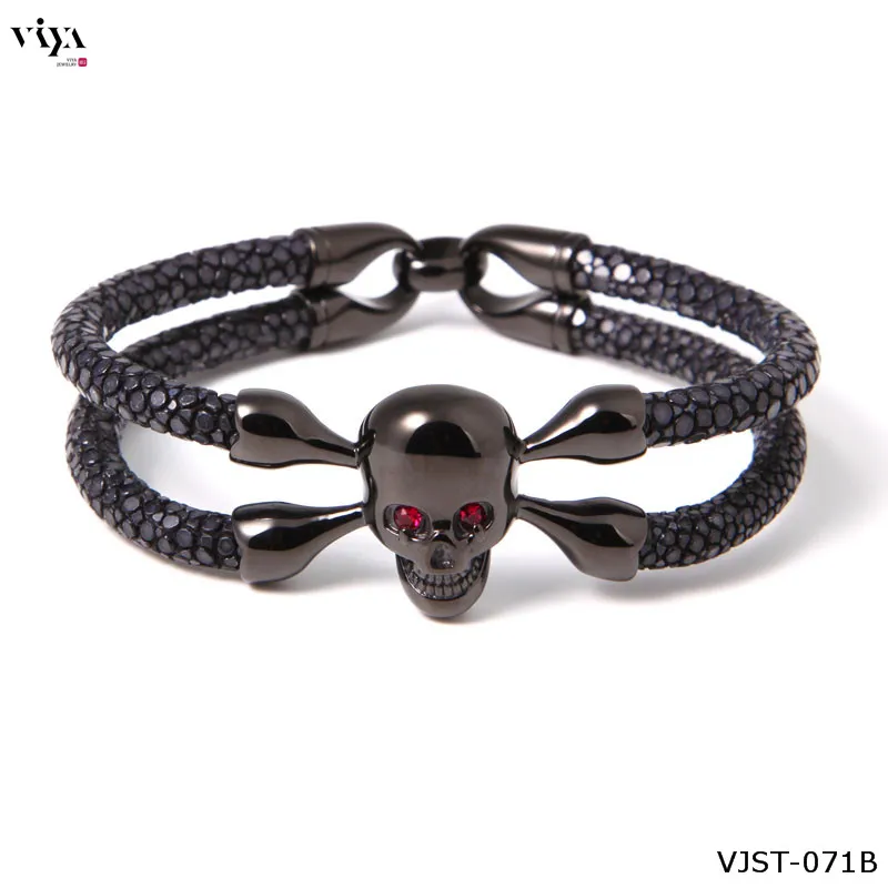 black black skull Роскошный мужской черный браслет с черепом, модный кожаный браслет с черепом с красными глазами, индивидуальный браслет из кожи ската - Окраска металла: black black skull