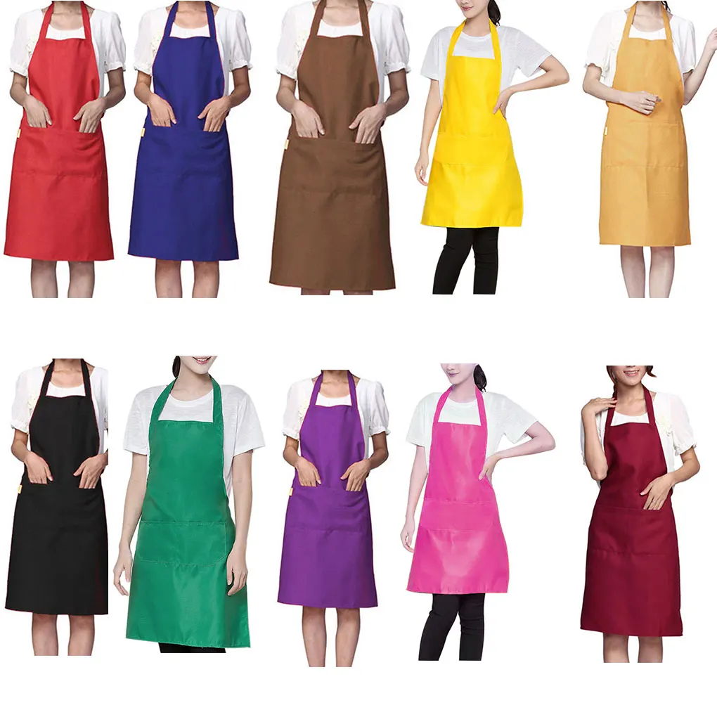 

Simple Solid Color Simple Design Halter Neck Apron Polyester Waiter Baker Chefs Full Bib Front Pocket