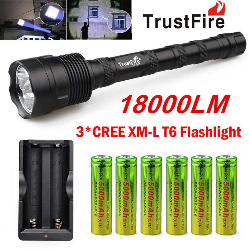 TrustFire 3X XML T6 18000LM светодиодный фонарик + 6x18650 Батарея Зарядное устройство мощный