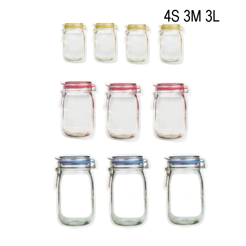 10 шт./партия органайзер для кухонных гаджетов Mason Jar с узором для хранения продуктов, сумки для хранения свежих пищевых закусок, сумка на молнии, кухонные аксессуары - Цвет: 4S 3M 3L