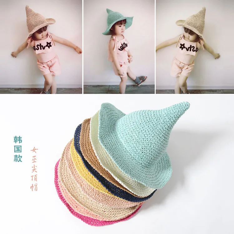 XINGMING Children Solid Straw cap knitting fisherman hat girls fashion witch pointed basin bucket accessories | Аксессуары для