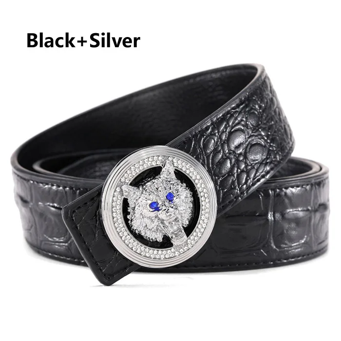 black silver Новинка, мужской роскошный пояс, известный бренд, дизайнерские ремни для мужчин, высокое качество, мужской ремень из натуральной кожи, талия, крокодил, свадьба, волк - Цвет: black silver