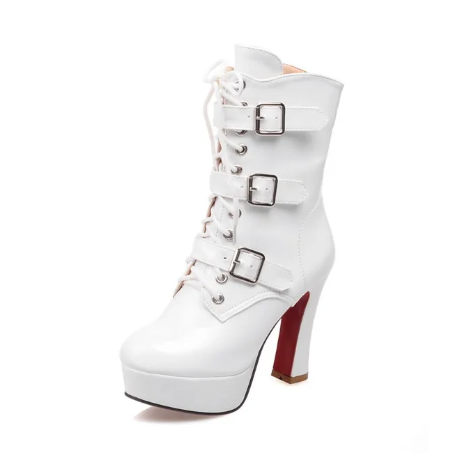 YMECHIC Pu Patent Leather Buckle Strap Lace Up High Heel Motorcycle Boots Women Winter Platform Ladies Goth Shoes Plus Size