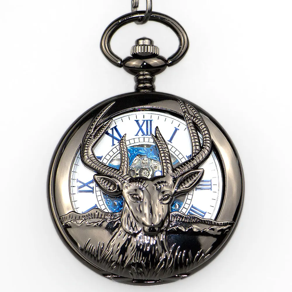 

Часы наручные PJX1332 унисекс, брендовые винтажные механические карманные с милым оленем и римскими цифрами, с цепочкой на брелке