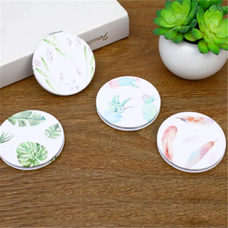 sent at random HUAMIANLI Botical Print Make Up Mirror из искусственной кожи, круглое мини-зеркало для девочек, портативное зеркало, двустороннее складное зеркало - Цвет: sent at random