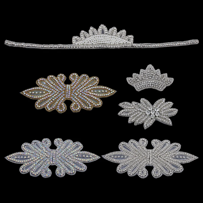 

6PC Handmade Bling Beaded AB Rhinestone Applique Sew On Manual Flatback Crystal Flower Cloth Applique for Dresses Craft Supplies
