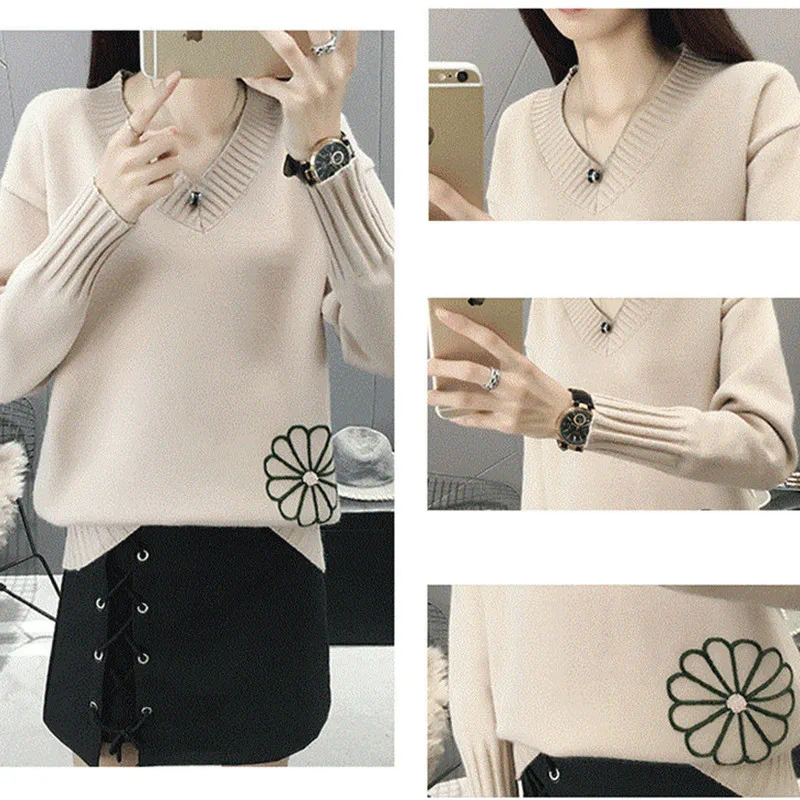 

New Fashion Autumn Winter Tops for Women Sweater Embroidery V-neck Knitted Sweater Pullover RE2535