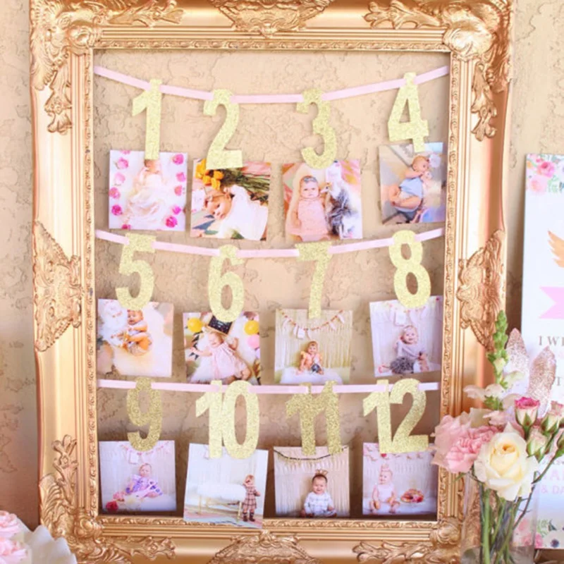 

Gold/Pink Milestone Photo Banner Boy Girl 1-12 Month Photo Bunting Garland Baby Shower 1st First Birthday Party Decorations
