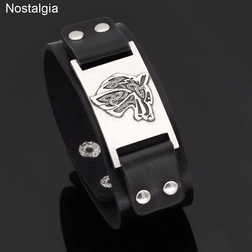Nostalgia Teen Wolf Amulet Black Leather Jewelry Wide Cuff Bangle Bracelet Viking Animal Trinity Knot Talisman | Украшения и