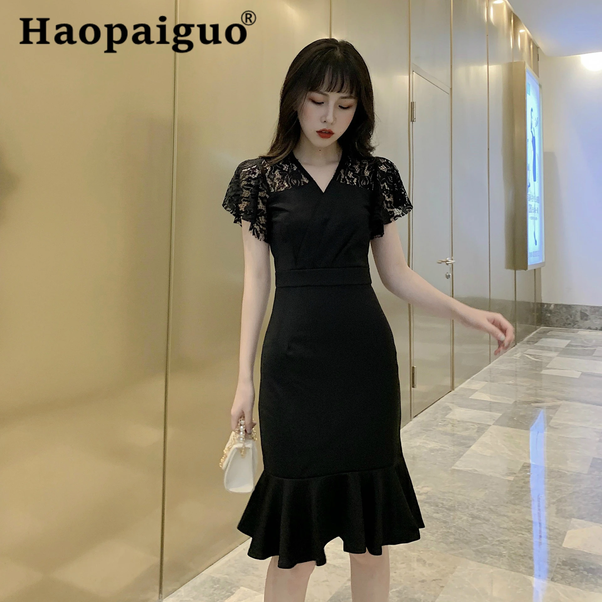 

Big Size Trumpet Summer Dress 2019 Ruffles Short Sleeve Corset Black Midi Dress Women Solid Korean Style Casual Ladies Dresses