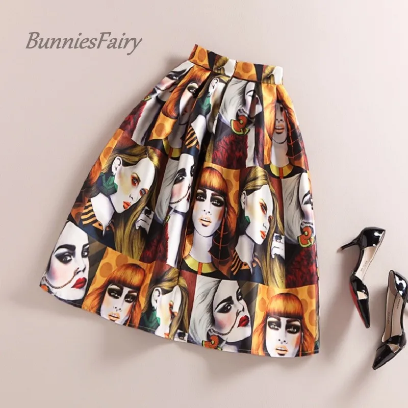 Новая Плиссированная Юбка миди для девочек с принтом лица и высокой талией в