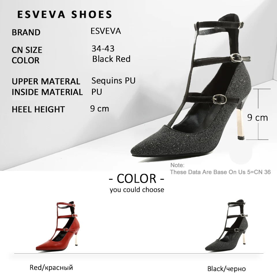 

ESVEVA 2019 Women Pumps Buckle Pointed Toe Shallow Women Shoes Thin High Heels Elegant Shoes Slip on Western Style Size 34-43