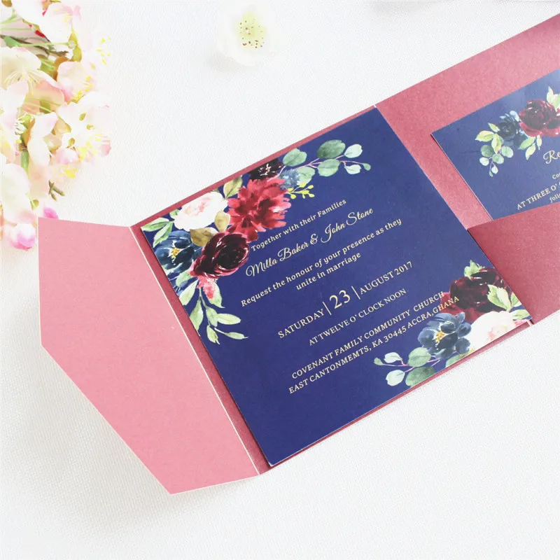 Синие свадебные открытки Пригласительные свадебные открытки с конвертом RSVP лента для живота печать на заказ 50 шт
