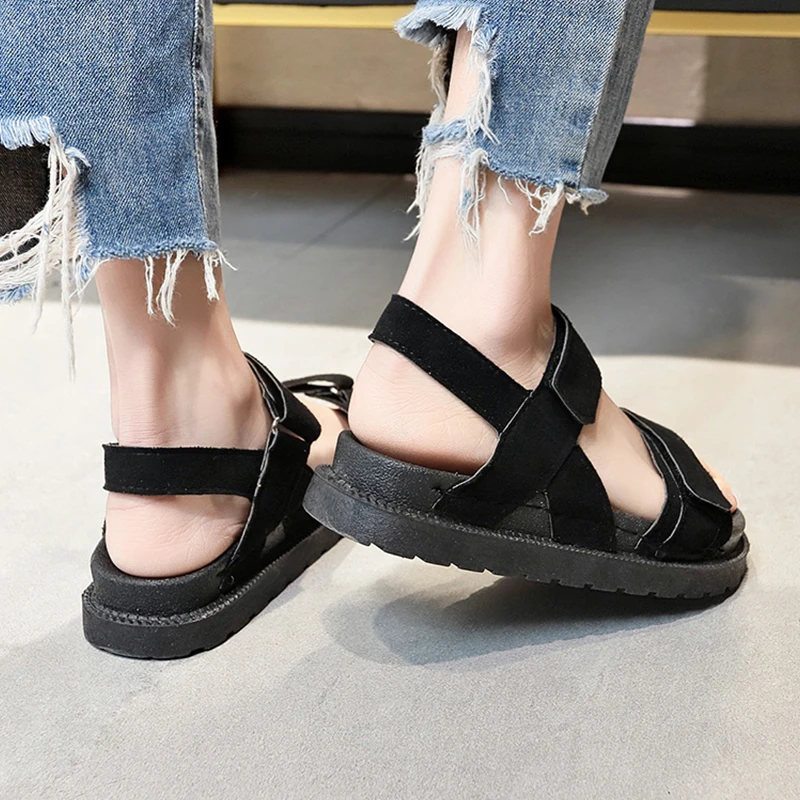 2019 Лето Harajuku стиль Студенческая обувь на плоской подошве рифленой Босоножки