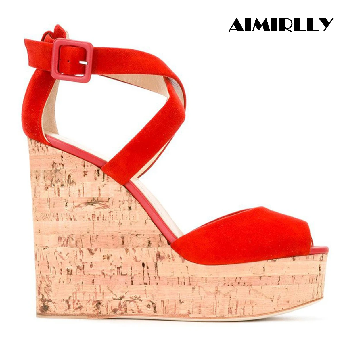 

Womens Cork Wedge Sandals Sky High Platform High Heel Summer Shoes Cross Strap Cover heel Comfortable RED Faux Suede Aimirlly