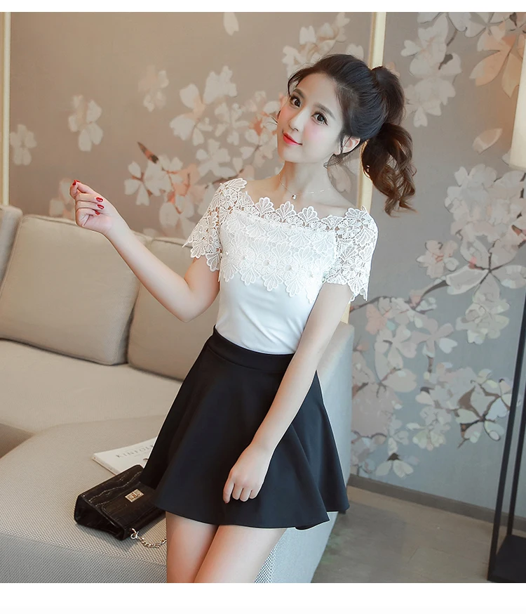 Женская кружевная блузка без бретелек однотонная с коротким рукавом и вырезом