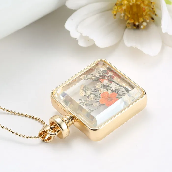 Натуральный прозрачный стеклянный медальон с сушеными цветами ожерелья цепочки