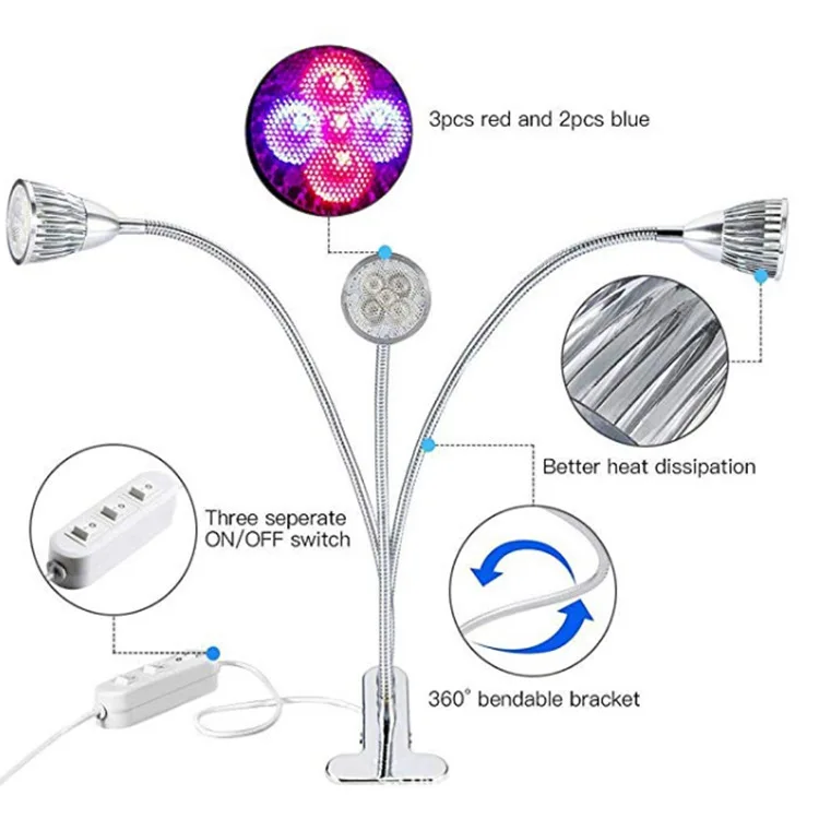 Светодиодная лампа для растений 15 Вт трехсторонняя полного спектра с зажимом