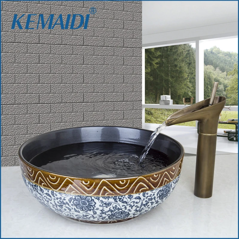 

KEMAIDI New Ross Antique Brass Basin Tap+Round Hand-Painted Washbasin Lavatory Cerimic Sink Bath Combine Brass Tap Mixer Faucet