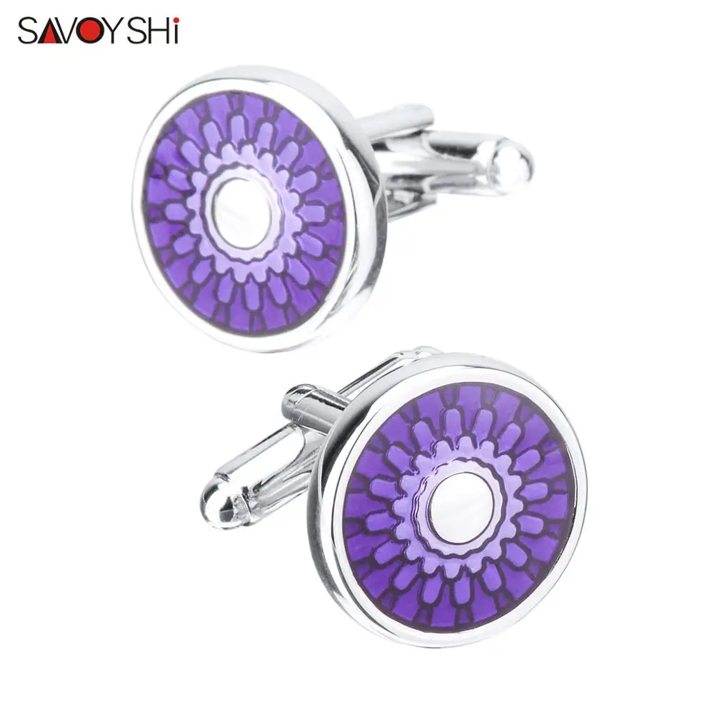 SAVOYSHI модные мужские запонки для рубашек манжеты круглая фиолетовая Эмаль Цветочная манжета запонки аксессуары резьба имя - Окраска металла: Покрытие антикварным серебром