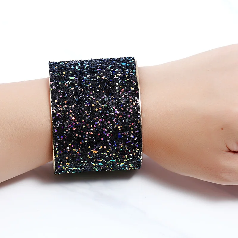 Personality Sequin Alloy Opening Wide Bangle Black Gold Jewelry Bracelet For Ladies Luxury Bracelets | Украшения и аксессуары