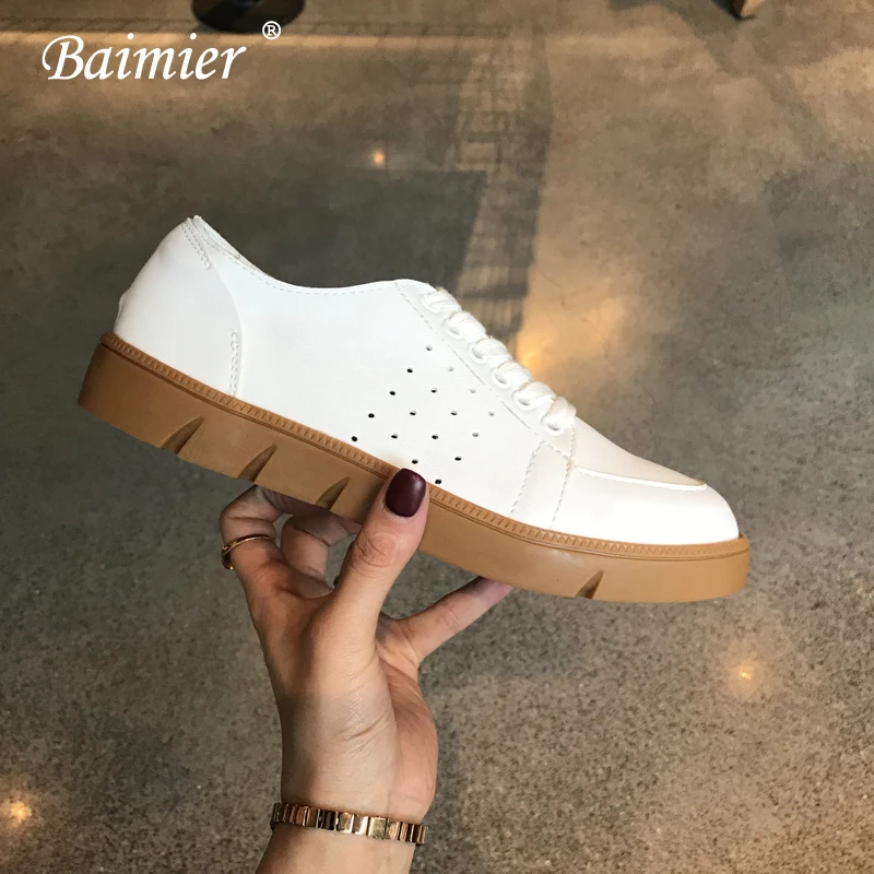 Baimier/обувь из натуральной кожи на плоской подошве для женщин; кроссовки; коллекция года; повседневная обувь на платформе; женская обувь на плоской подошве; мягкая прогулочная Обувь На Шнуровке Для Женщин