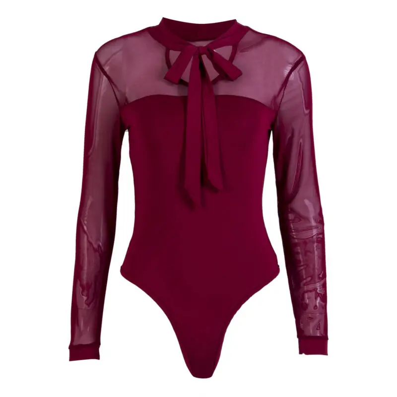 

2 Colors Womens Autumn Long Sleeve Vintage Red Clear Sexy Bodysuit Bandage See-Through Luxury Body Romper Leotard Playsuit