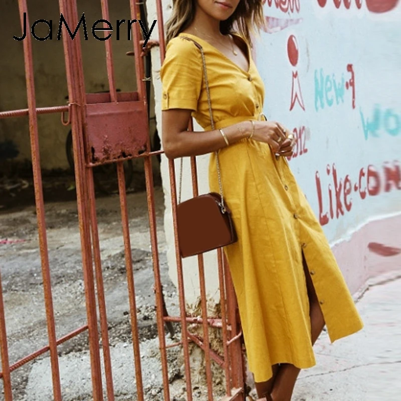 JaMerry Винтаж повседневное пуговицы в полоску летнее женское платье 2019 однотонные