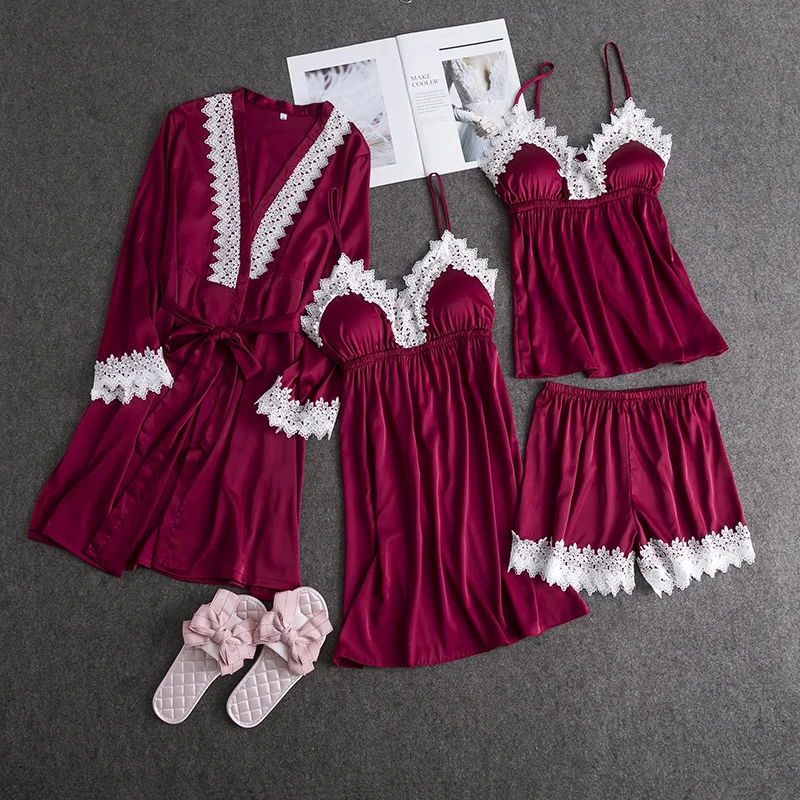 Женские пижамы однотонные 4 шт. искусственный шелк пижамный комплект атласные с