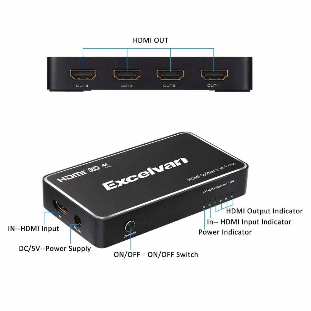 Excelvan HDMI Сплиттер 4K Full HD 1080p видео 1 4 переключатель 1X4 усилитель раздельный дисплей