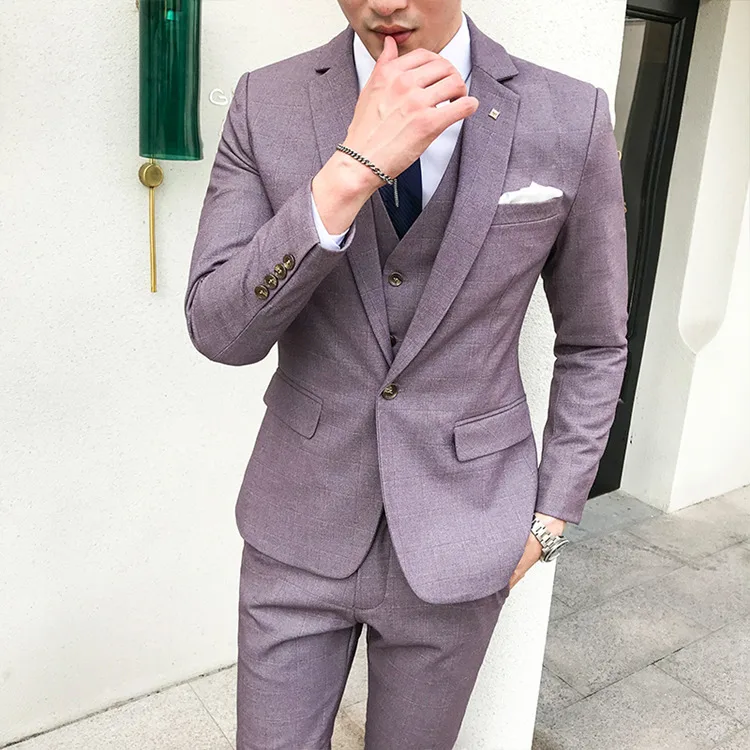 Light Purple Plyesxale 3 шт клетчатые костюмы для мужчин синий светло фиолетовый мужской s Свадебный Костюм приталенный костюм повседневные костюмы пиджак брюки жилет Q345 - Цвет: Light Purple