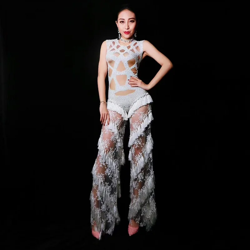 White Stones Women Street Wear Fantastic Tassel Jumpsuit Sleeveless Sexy Ladies Evening Party Stretch Lace Leotard Clothing | Женская