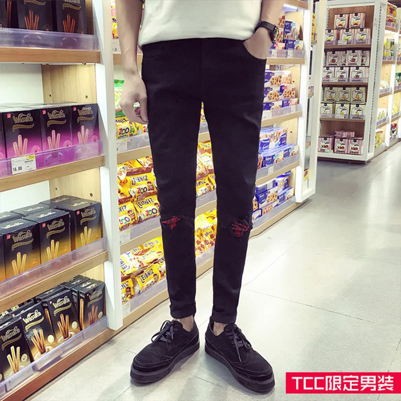 

Fashion 2020 Spring Spliced loaded knee Black patchwork hole jeans male black feet pants show thin Teenagers Pencil Pants