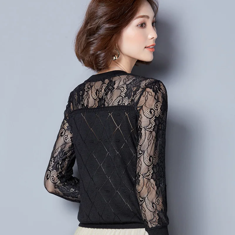 Women Sweater 2017 New Fashion Casual Spring Autumn Patchwork Lace Office Pullover Slim Knitted Sweaters Gray/Black/Wine A945 | Женская