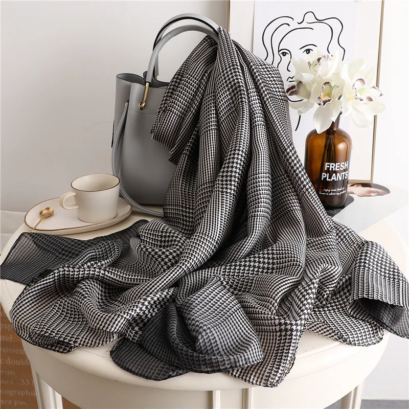 Women Silk scarf Beach Shawl Echarpe Luxurious Wrap Designer scarves female Houndstooth panshmina beach stole bandana | Аксессуары для