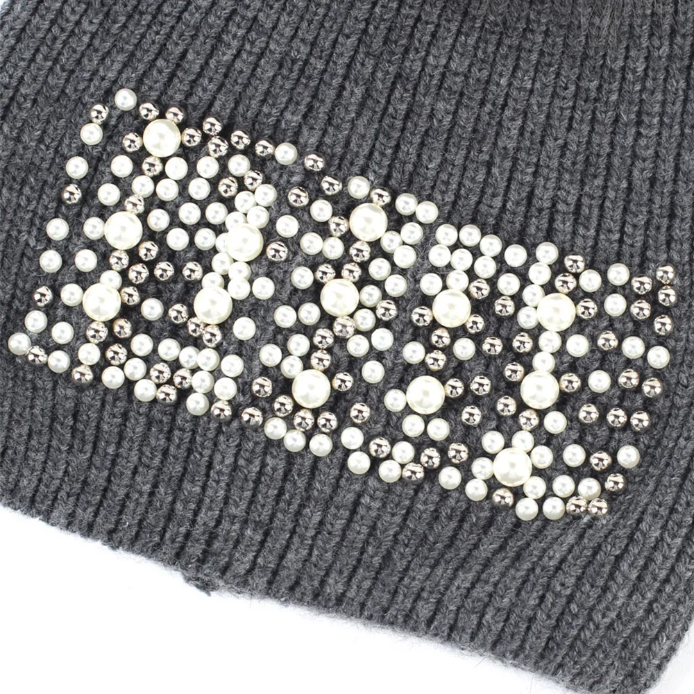 

Women's Pearl Beanie Hats Winter Knitted Cashmere Slouchy Beanies with applique for Women Skullies Hats gorros mujer invierno