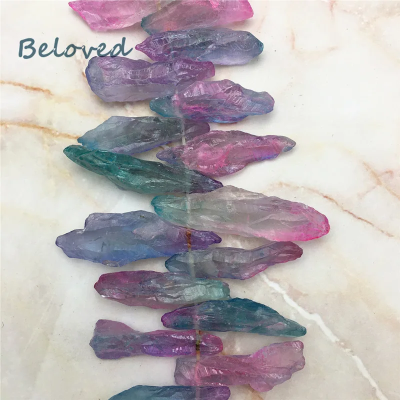 

Top Drilled Rainbow Titanium Crystal Quartz Stick Loose Beads, Raw Quartz Spike Jewelry Making Findings, BG18242