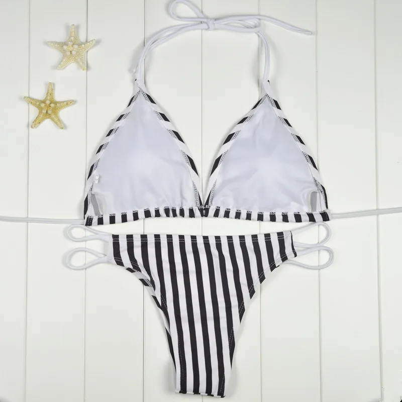 Padded Cut Out Swimsuit Brazilian Summer Beach Suit 2017 Women Bandeau Bikini Print Striped Swimwear Biquini |