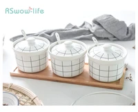 3pcs japanese creative ceramic seasoning jar high grade cruet with wooden frame household kitchen supplies