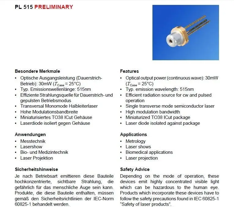 Новый Osram 515nm 520nm 30 МВт зеленый лазерный диод LD PL515 TO38 3.8 мм | Освещение