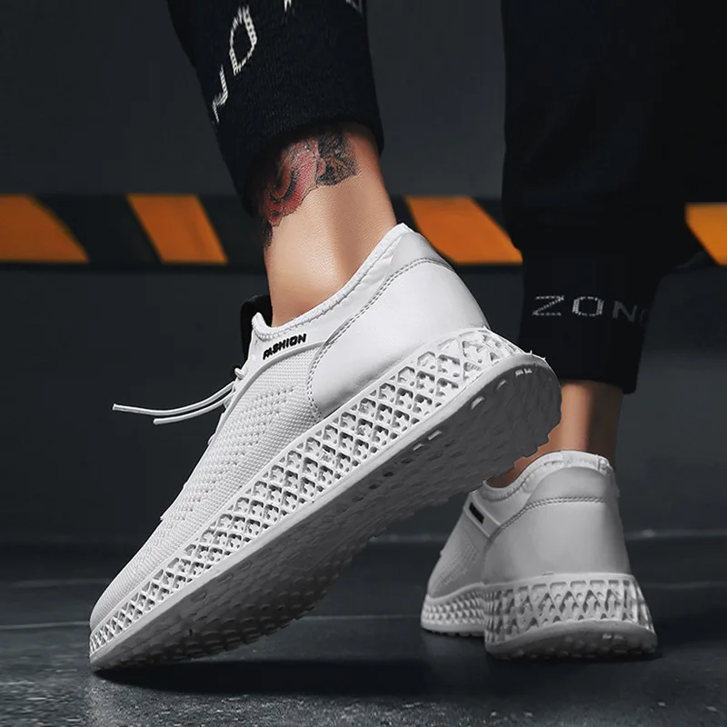 New Casual Shoes Men for Summer Breathable Mesh Sneakers with Elastic Band Solid White Trend High Quality Soft Wear Resistant | Обувь