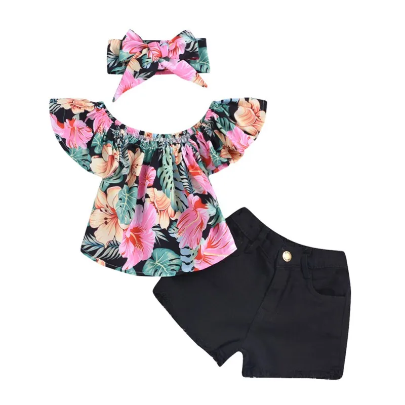 Children Summer Baby Girls Clothes Set Casual Floral Pattern Off Shoulder Sleeve Tops Blouse+Shorts+Headband Suits Costume | Детская