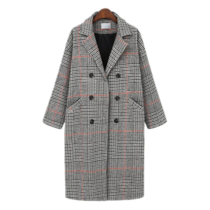 Серый XL-4XL размера плюс, повседневные женские шерстяные пальто, новинка, Зимняя мода, клетчатые свободные женские длинные куртки, шерстяное пальто, большие размеры, верхняя одежда - Цвет: Серый