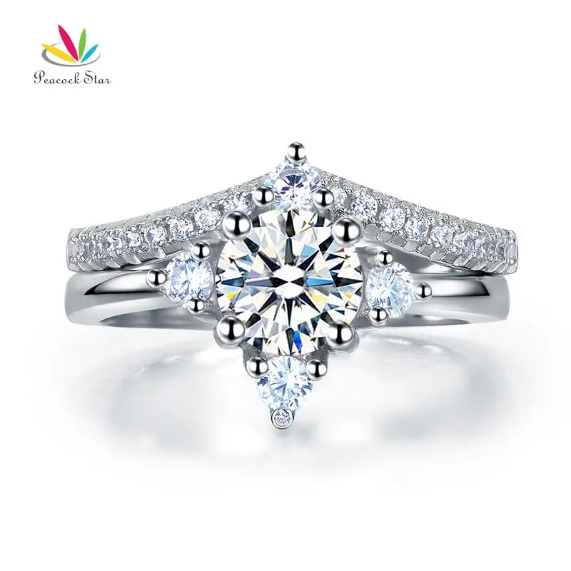 Павлин звезда Твердые 925 пробы серебро 2 Pcs Свадебные Обручение кольцо комплект 1