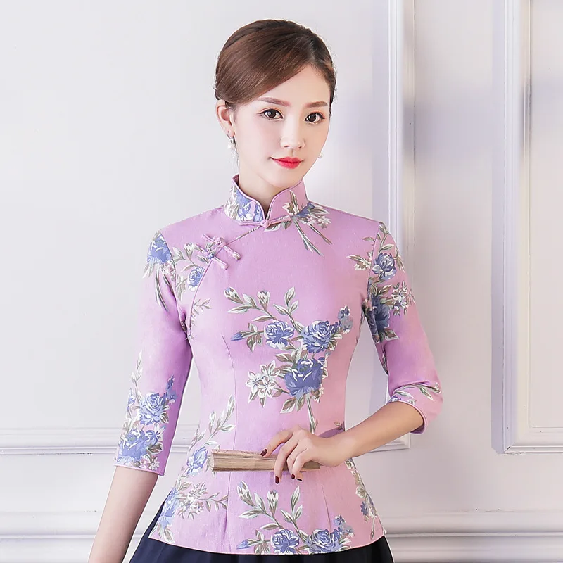 

2018 Vintage Chinese style Shirt Tops Summer Womens Mandarin Collar Blouse Lady Clothing cheongsam Short Qipao Dress Size S-XXXL