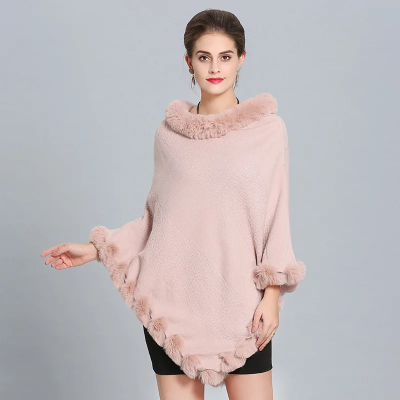 Same color as photos SC283 женские кейпы однотонные пончо зимняя шаль из искусственного лисьего меха вязаный треугольный меховой свитер размера плюс пуловер пальто меховой воротник - Цвет: Same color as photos