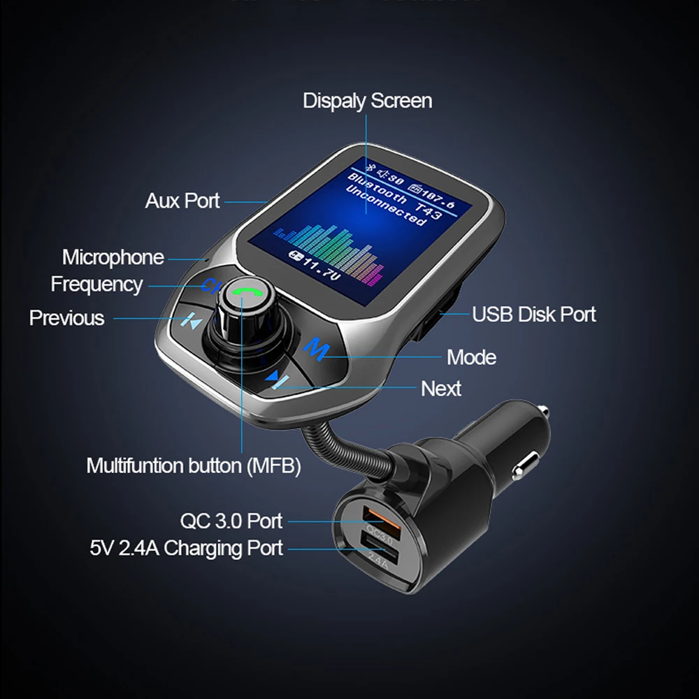 Siparnuo беспроводной Bluetooth fm-передатчик модулятор Hands-free автомобильный комплект 1,8 дюймов цветной экран MP3-плеер с 5 В QC3.0 Dual USB
